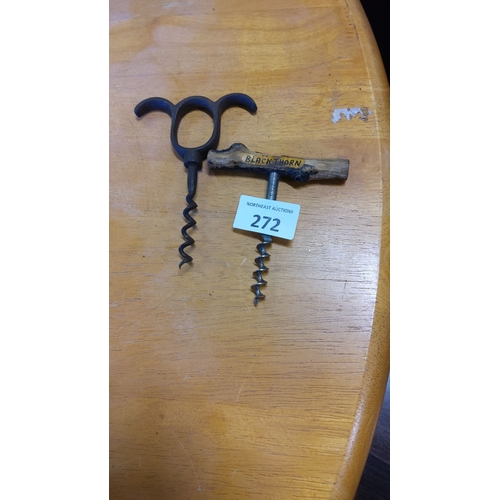 272 - Antique corkscrews, including a Blackthorn wood handle example and a cast iron T-handle.