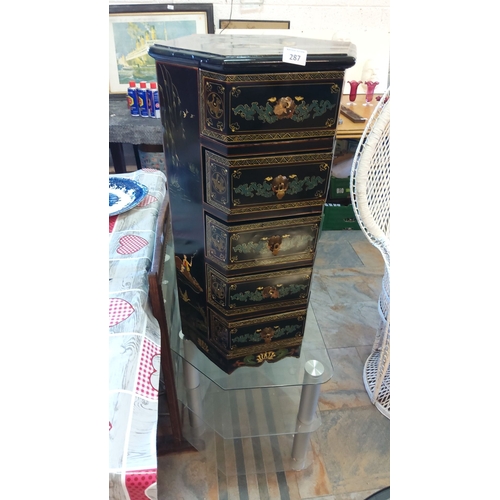 287 - Black lacquered chest of drawers features intricate hand-painted designs, gilded accents, and brass ... 