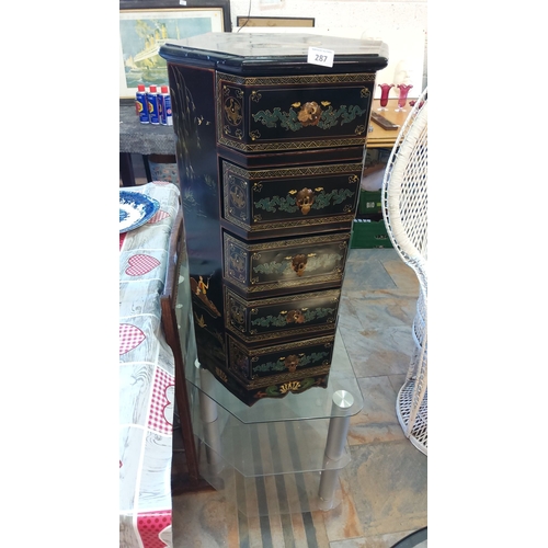 287 - Black lacquered chest of drawers features intricate hand-painted designs, gilded accents, and brass ... 