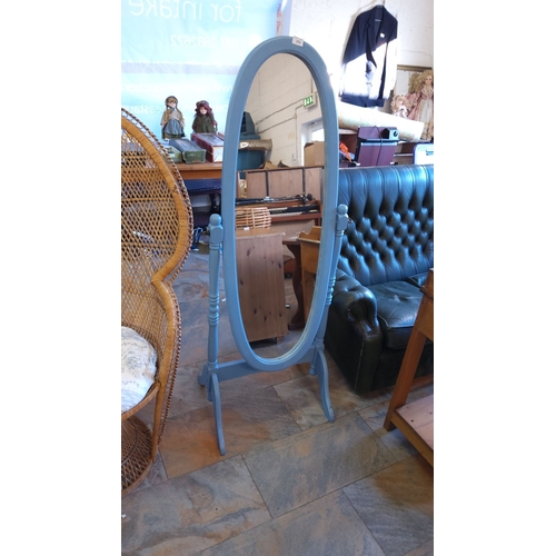 291 - Vintage blue cheval mirror, full-length oval frame, adjustable tilt, sturdy wooden stand. Combines f... 