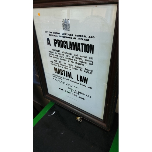 329 - Framed 1916 Martial Law Proclamation, Ireland. Historical reproduction highlighting civil unrest era... 