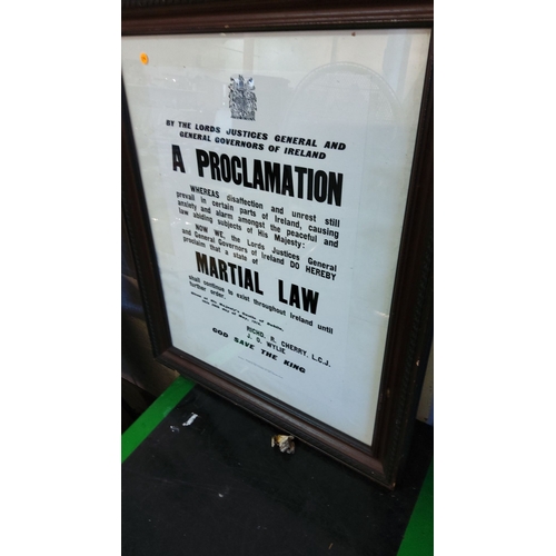 329 - Framed 1916 Martial Law Proclamation, Ireland. Historical reproduction highlighting civil unrest era... 