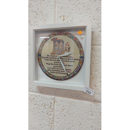 332 - Framed decorative clock features an Irish blessing and is adorned with colorful Celtic-inspired desi... 