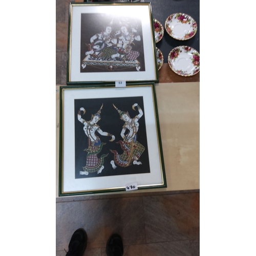 470 - Pair of framed traditional Thai artworks, intricately detailed, featuring mythological figures on bl... 