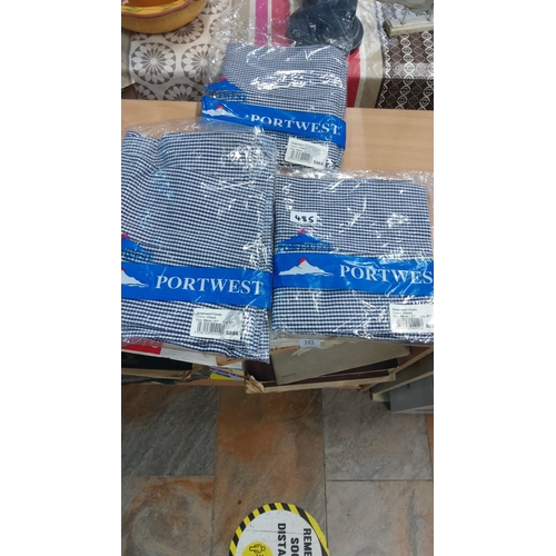 485 - Set of 3 Portwest Greenwich Chef Trousers, check pattern, new in original packaging. Size: 68cm/27”,... 