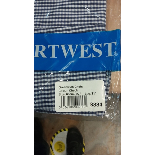 485 - Set of 3 Portwest Greenwich Chef Trousers, check pattern, new in original packaging. Size: 68cm/27”,... 