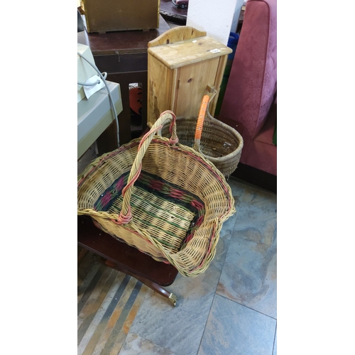 497 - Includes colorful woven wicker baskets and pine wall cabinet