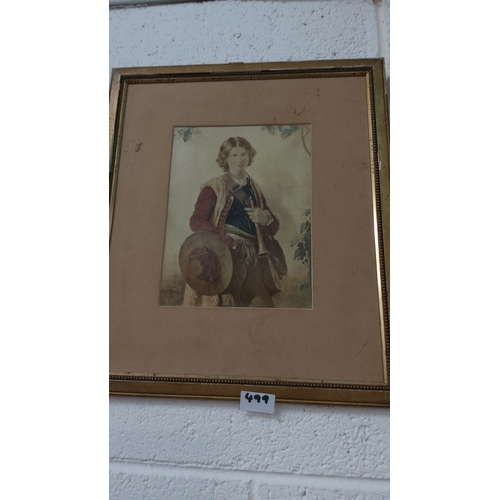 499 - Framed 19th-century print of a gentleman in period attire, holding a musket. Gilt wood frame with be... 