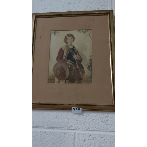 499 - Framed 19th-century print of a gentleman in period attire, holding a musket. Gilt wood frame with be... 