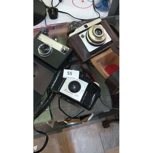 55 - Vintage Camera Trio – Includes Kodak Instamatic 33, Kodak Brownie 127, and Ilford Sportsman (with le... 