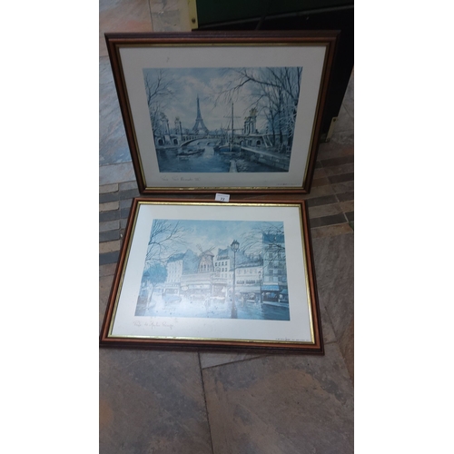 72 - Pair of framed Parisian prints depict city scenes, including the Eiffel Tower and Moulin Rouge. The ... 