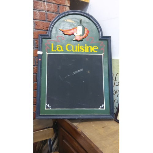 80 - Arched wooden frame chalkboard, hand-painted with bottle and lobster motif, in vintage condition.