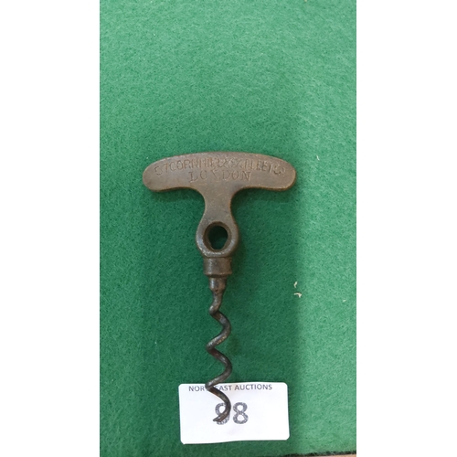 98 - Antique brass corkscrew marked 