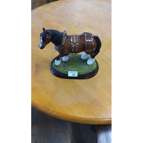 11 - Hand-painted Juliana resin draft horse figurine, detailed tack and harness, mounted on a wooden base... 