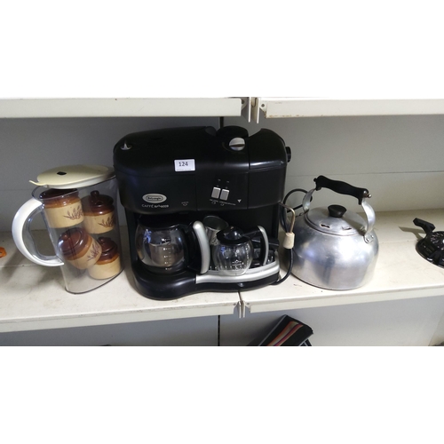 124 - DeLonghi Caffè Nabucco coffee machine, vintage-style aluminum kettle, and ceramic spice canisters in... 