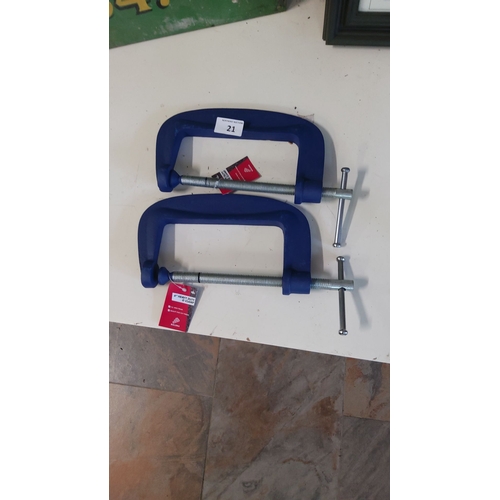 21 - Set of two heavy-duty 6-inch G-Clamps. Durable construction, blue finish.