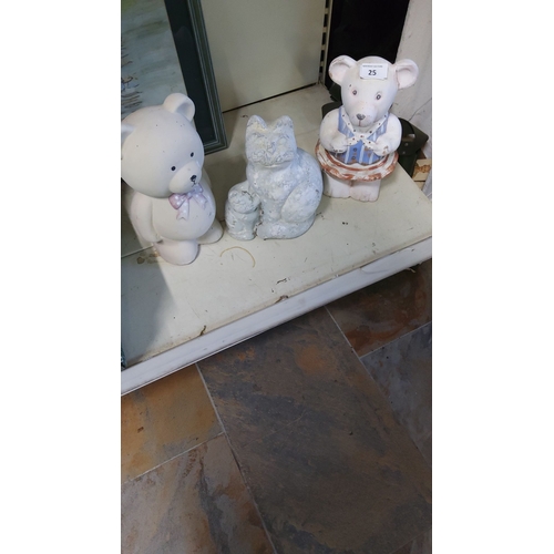 25 - Mixed lot of three painted ceramic figurines, featuring two teddy bears and a cat with kitten.