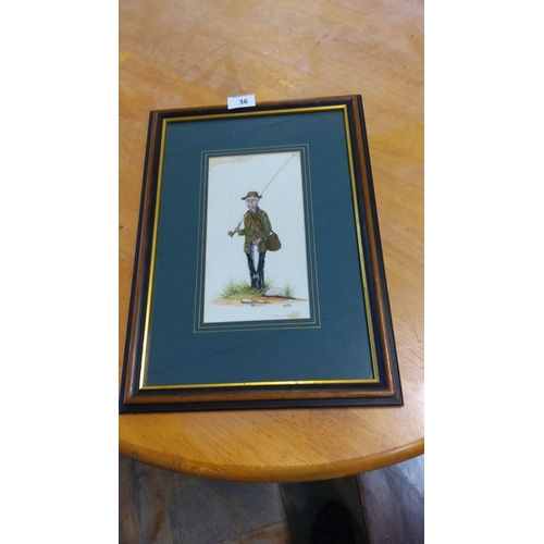 36 - Framed watercolor by Verner Finlay (1990), titled “Fly-Old Boy.” Depicts a fisherman with catch. Gla... 