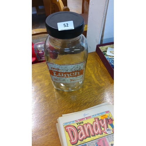 52 - Vintage Fry's Lunch glass sweetie jar with original label