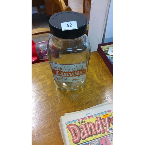 52 - Vintage Fry's Lunch glass sweetie jar with original label