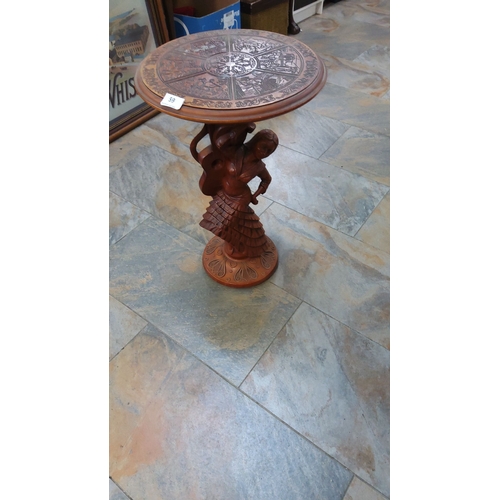 59 - Wooden side table features an intricate folkloric figure base and a detailed etched circular top.