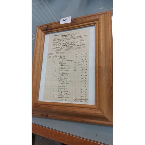 64 - 1938 Receipt from Daniel McNello & Co., Inniskeen, framed in natural wood. Vintage document lists in... 