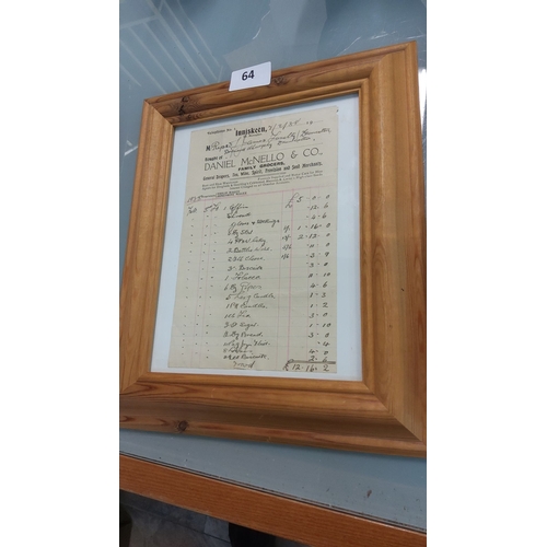 64 - 1938 Receipt from Daniel McNello & Co., Inniskeen, framed in natural wood. Vintage document lists in... 