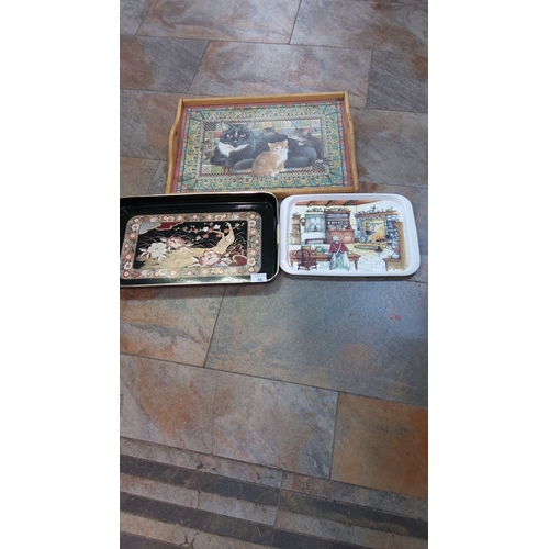 66 - Set of three decorative trays: a wooden cat motif tray, a floral Japanese-style tray, and a vintage ... 