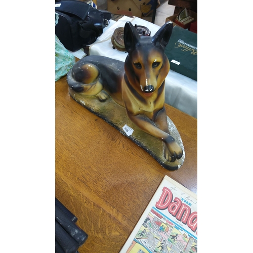 105 - Hand-painted ceramic German Shepherd figurine from the mid-20th century. Features realistic detailin... 