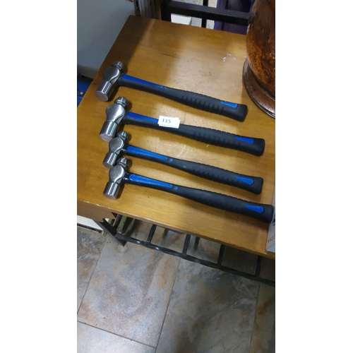 115 - Set of four modern machinist hammers. Durable steel heads with ergonomic rubberized grips. Excellent... 