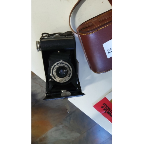 21 - Vintage Kodak Folding Brownie Six-20 Camera with original leather carry case. Circa 1937-1940. Compa... 