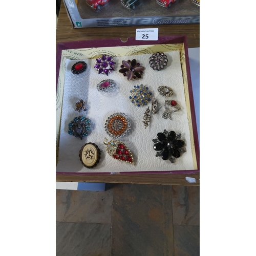 25 - Collection of vintage costume brooches, assorted materials and vibrant designs, including rhinestone... 