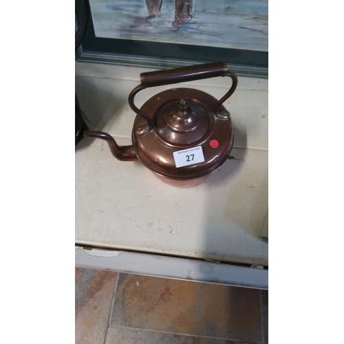 27 - Antique copper kettle with hinged handle and gooseneck spout. It has a lovely patina that showcases ... 