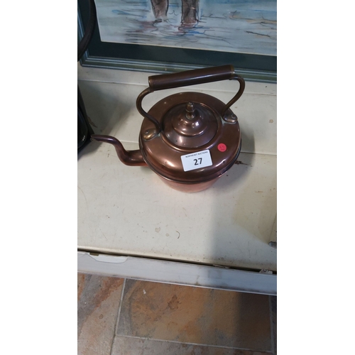 27 - Antique copper kettle with hinged handle and gooseneck spout. It has a lovely patina that showcases ... 