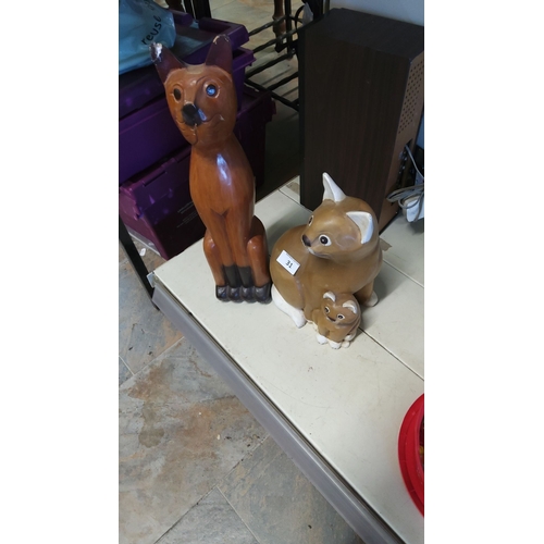 31 - 2 x Hand-carved wooden cat statues with painted details