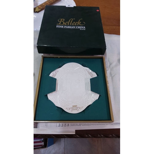 45 - Belleek 2007 Fine Parian China commemorative plate in original box. Intricate embossed detailing. Es... 