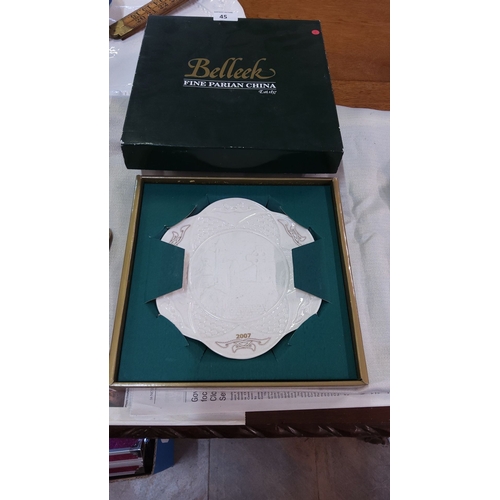 45 - Belleek 2007 Fine Parian China commemorative plate in original box. Intricate embossed detailing. Es... 