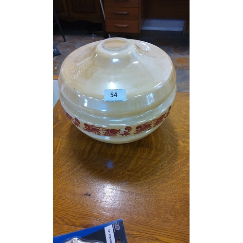 54 - Frosted glass lampshade with ornate red floral border, from the mid-20th century.