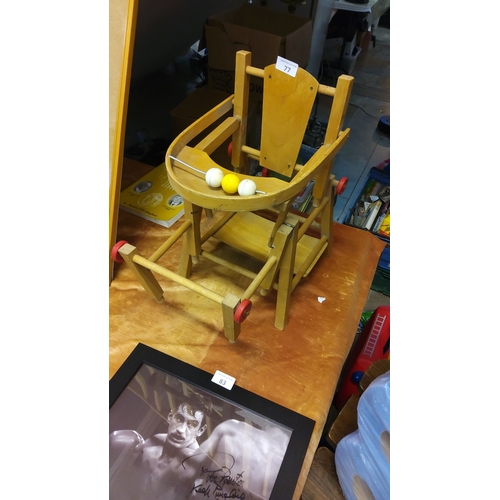 77 - **Vintage Wooden Convertible High Chair/Toy Stroller, c.1960s**, features bead play rail, red wheel ... 