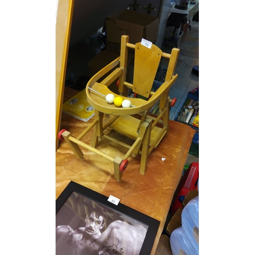 77 - **Vintage Wooden Convertible High Chair/Toy Stroller, c.1960s**, features bead play rail, red wheel ... 