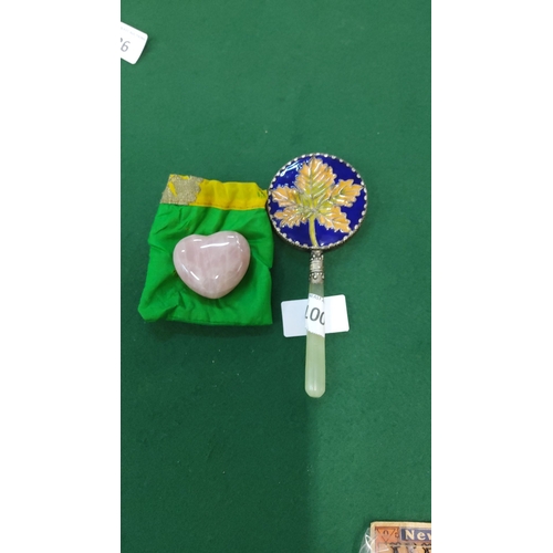 90 - Enamel hand mirror features a floral motif and mother-of-pearl handle. Includes a rose quartz heart ... 