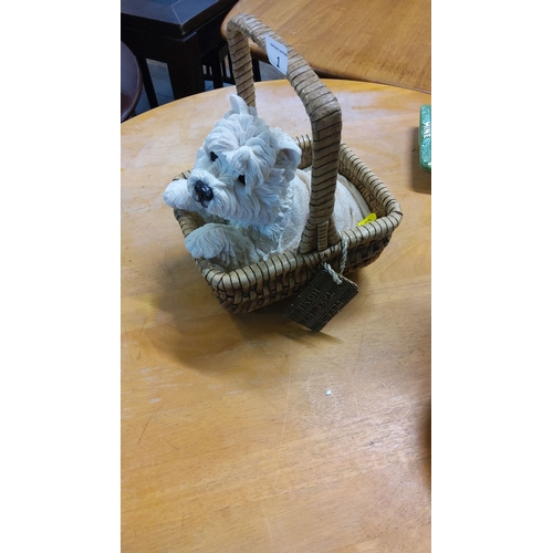 1 - Westie figurine in woven basket made of resin. Includes tag, in excellent condition.