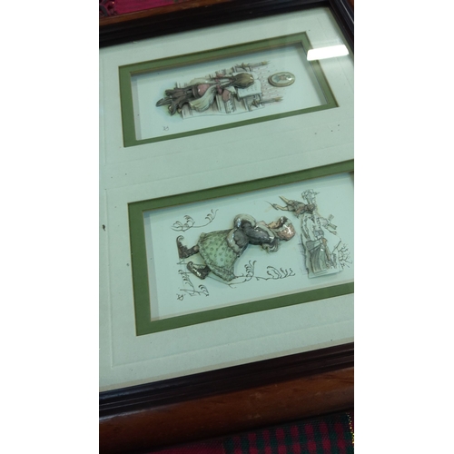 106 - Framed pair of three-dimensional mixed-media illustrations depict European village scenes. They feat... 