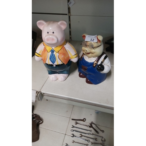 12 - Pair of vintage ceramic pig figurines, hand-painted. Includes a bespectacled pig in overalls and a b... 