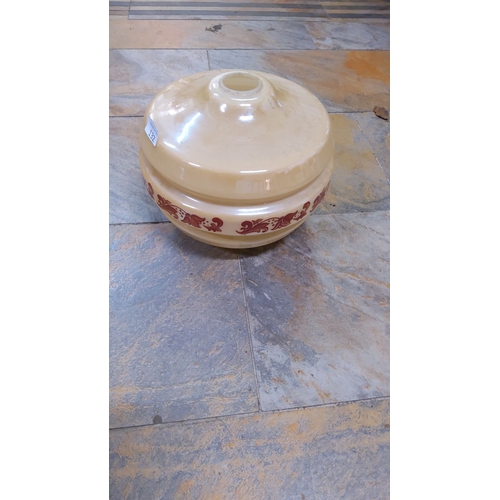 132 - Frosted glass lampshade with ornate red floral border, from the mid-20th century.