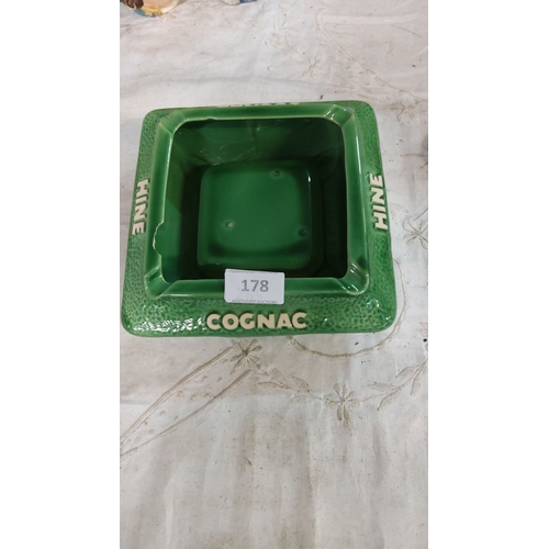 178 - Vintage Hine Cognac green ceramic ashtray features bold embossed lettering with a textured surface. ... 