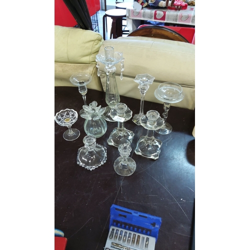 183 - Mixed lot of vintage crystal and glass candlesticks, compotes, and decorative pieces. Various design... 