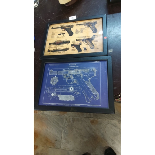 185 - Framed technical illustrations of the P08 Luger pistol feature detailed schematics and labeled diagr... 