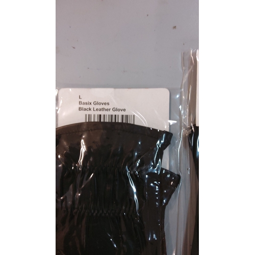 210 - Set of two pairs of Basix black leather gloves, size large, in original packaging. Brand new, never ... 