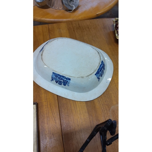 257 - Blue and white transferware bowl platter, featuring the Willow pattern, from the 19th or early 20th ... 